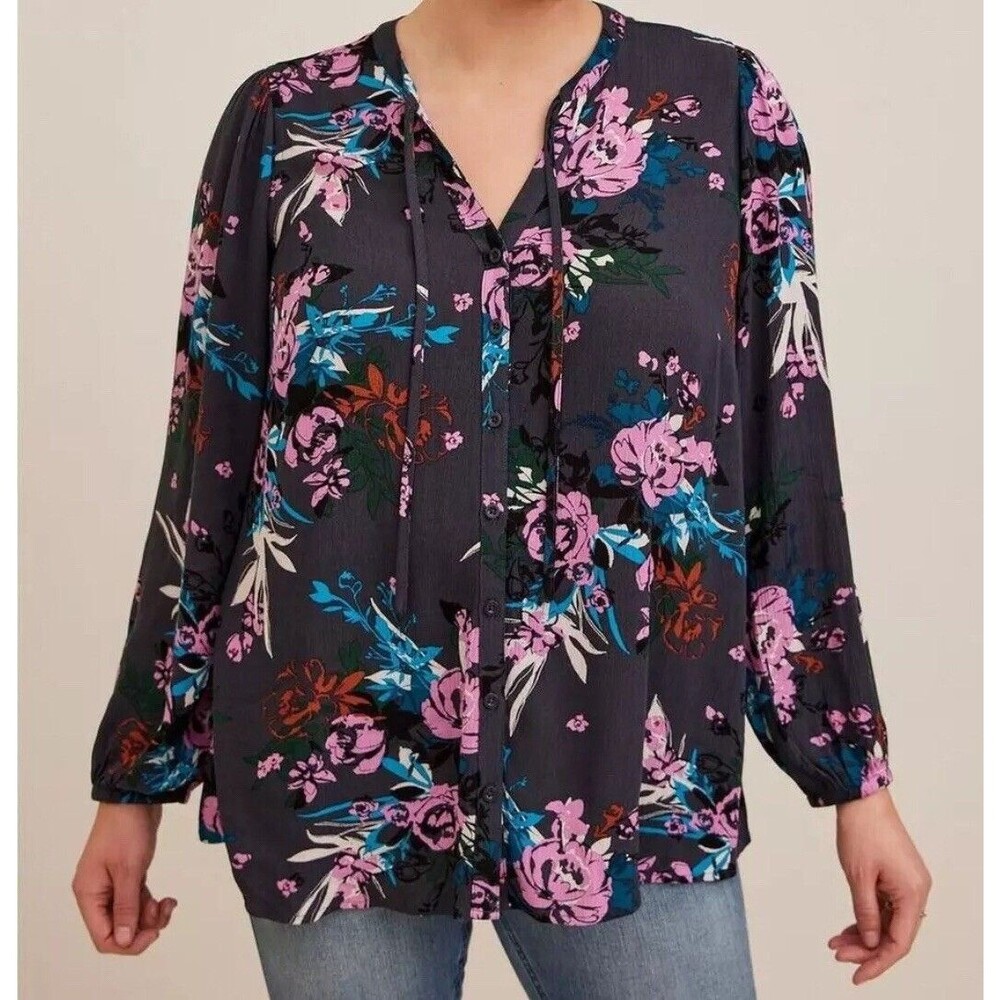 Torrid Size 3 Gray Floral Long Sleeve Blouse Tie Neck Boho Button Down Rayon